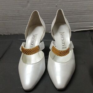 Versani Vintage Pearl White w/ Gold Strap Pointed Toe Heels Italy Leather Sz 10